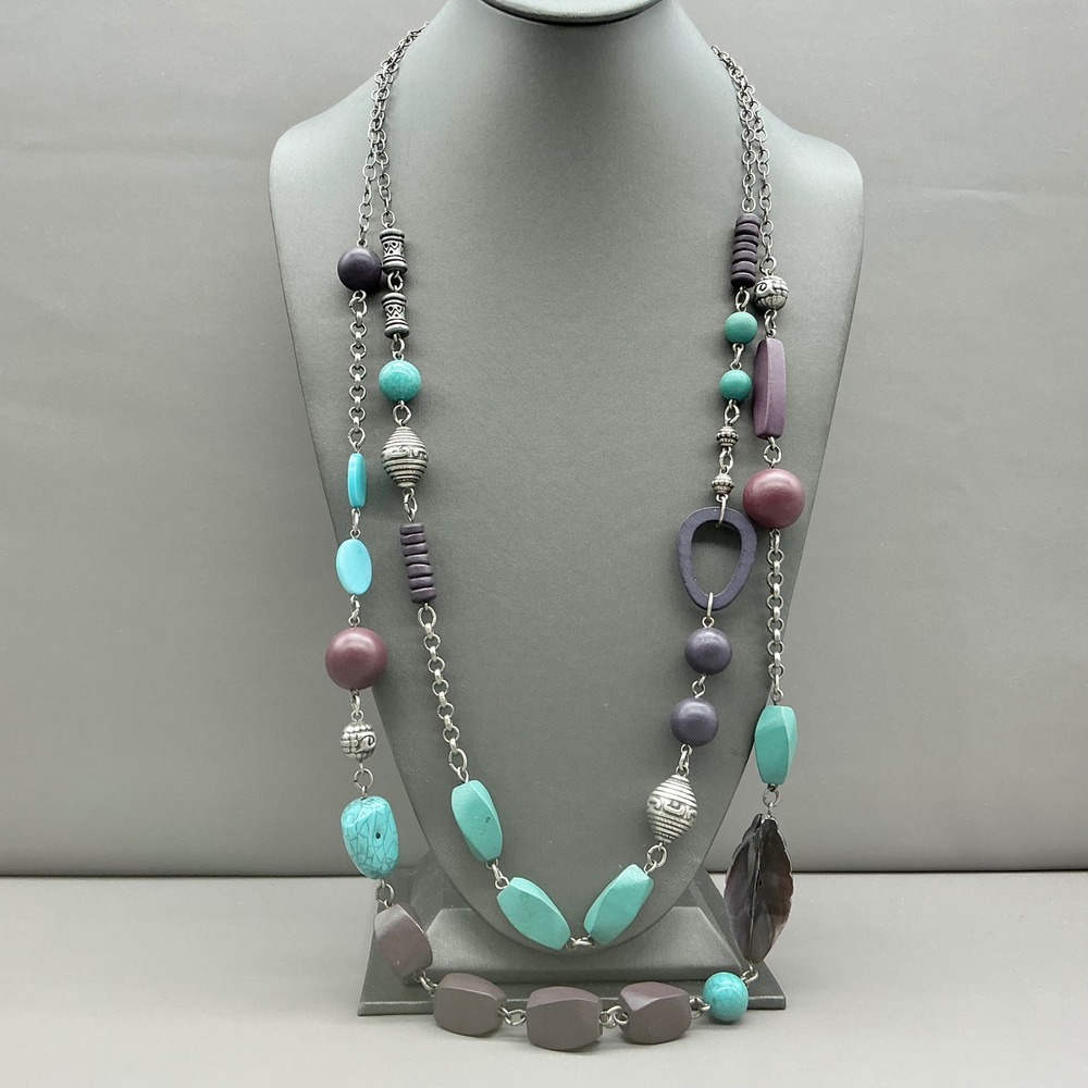 Chicos Necklace Women Purple Teal Silver Beaded Layered Long Boho Statement 30"